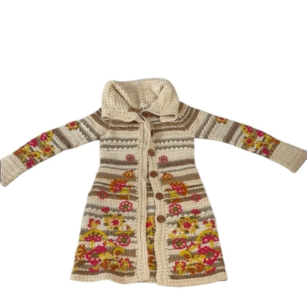 Vintage Anthropologie Y2K Sleeping On Snow Floral Knit Cardigan with Hood Small